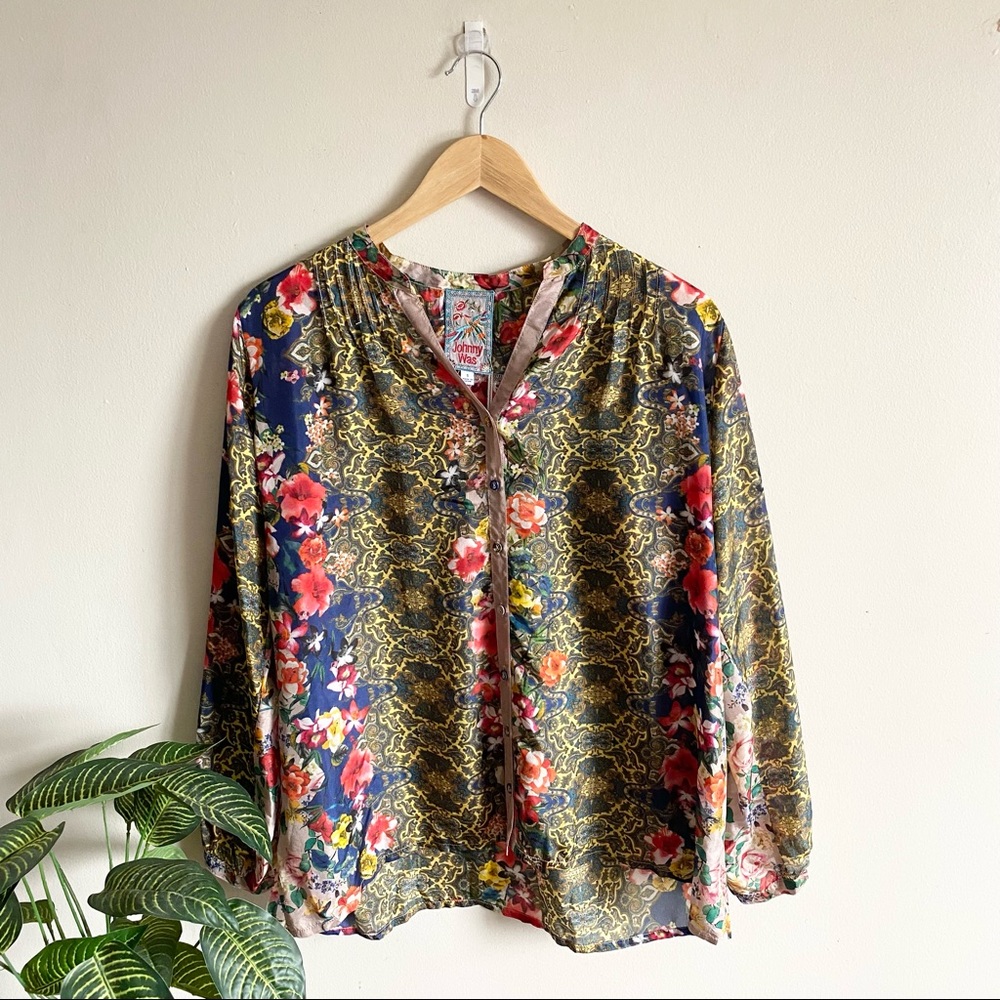 Johnny Was Floral Silk Button Down Blouse Size S